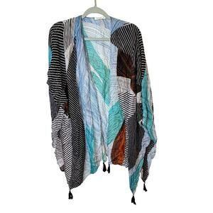 Moss Rose Open Front Kimono Duster One Size Abstract Stripe Tassel Hem Cruise